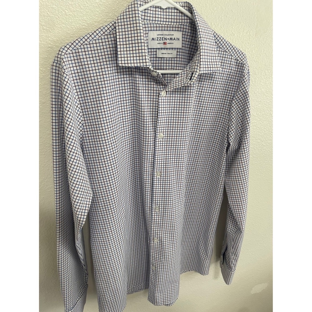 Mizzen+Main Mens Medium Trim Fit Dress Shirt White Blue Purple Excellent Leeward